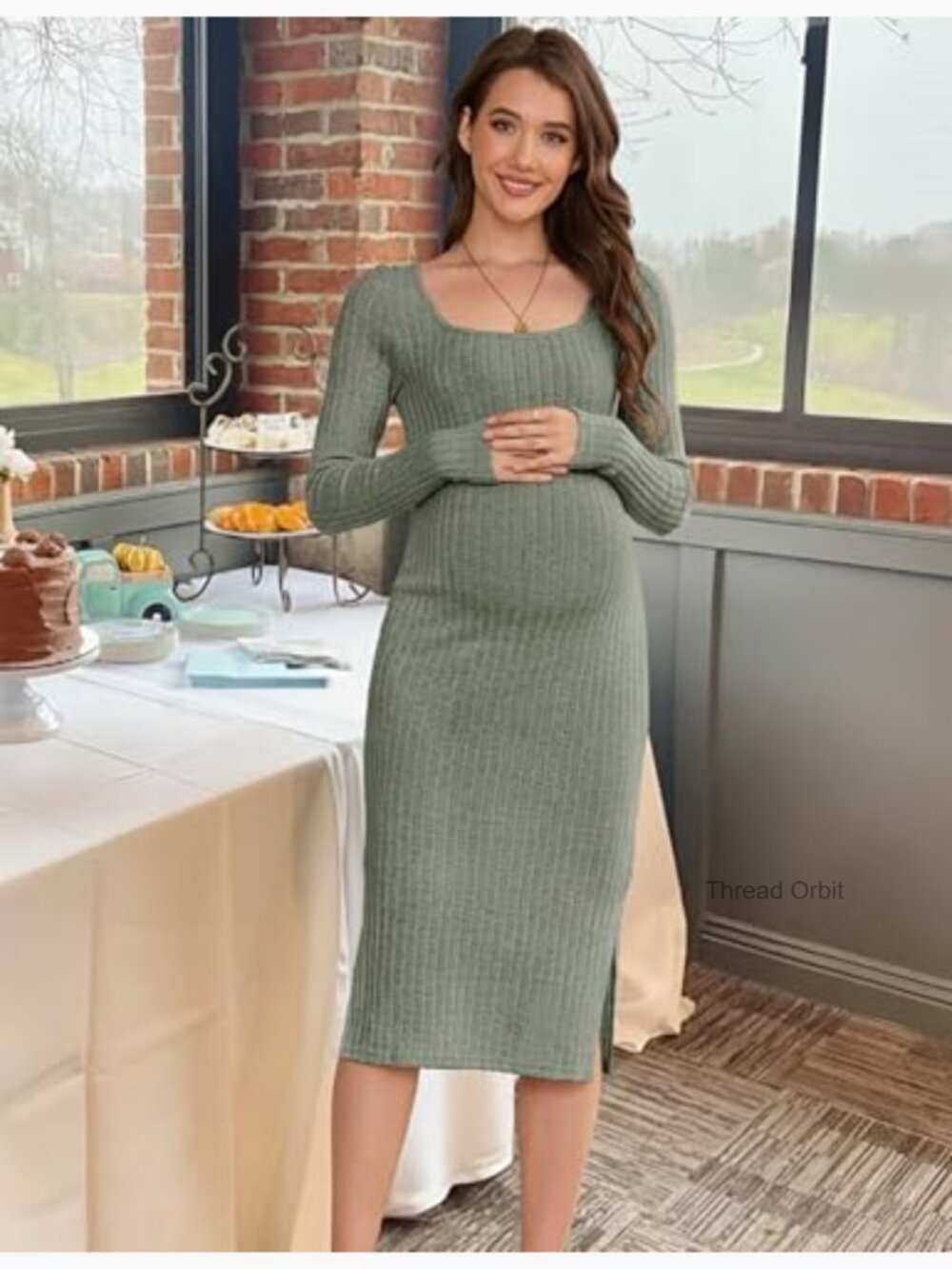 Long Sleeve Maternity Sweater Dress, Knit Ribbed Bodycon Dress for Fall Winter - Picture 2 of 7